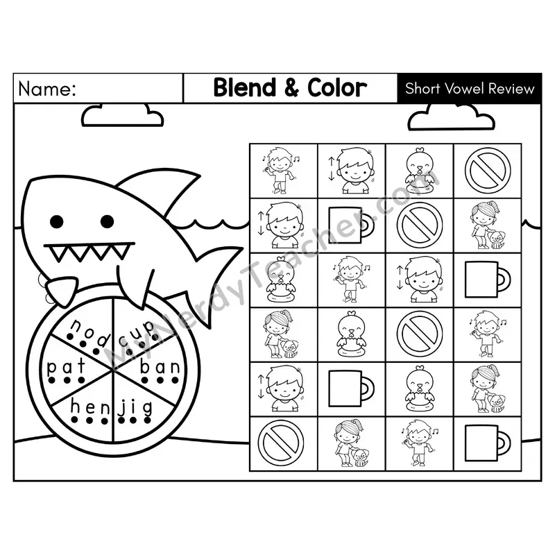Short Vowel Review CVC Blend and Color Phonics Center — Black & White