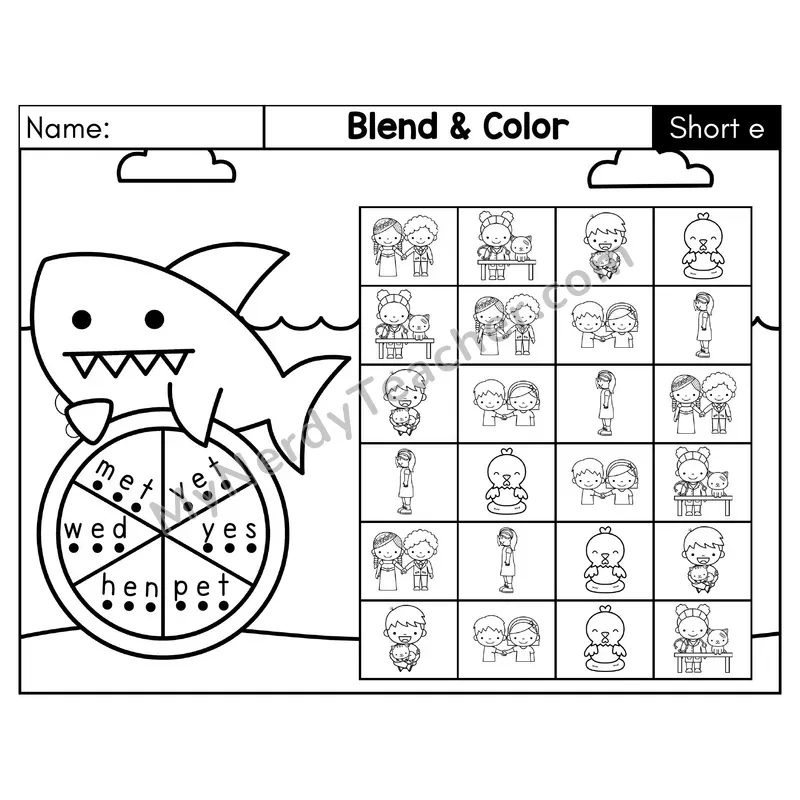 Short E CVC Blend and Color Phonics Center — Black & White