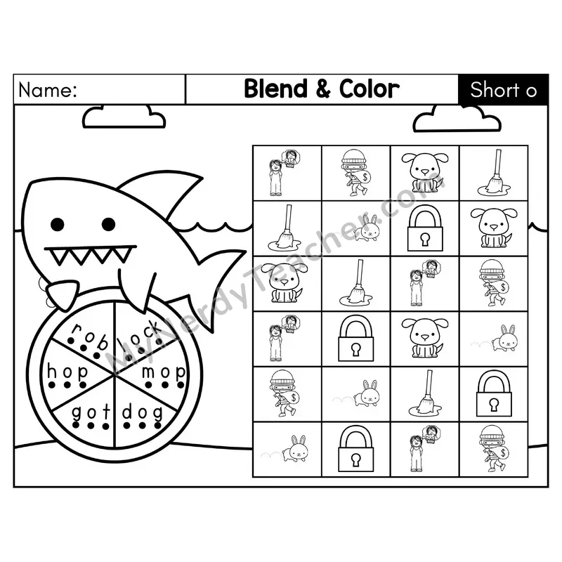Short O CVC Blend and Color Phonics Center — Black & White