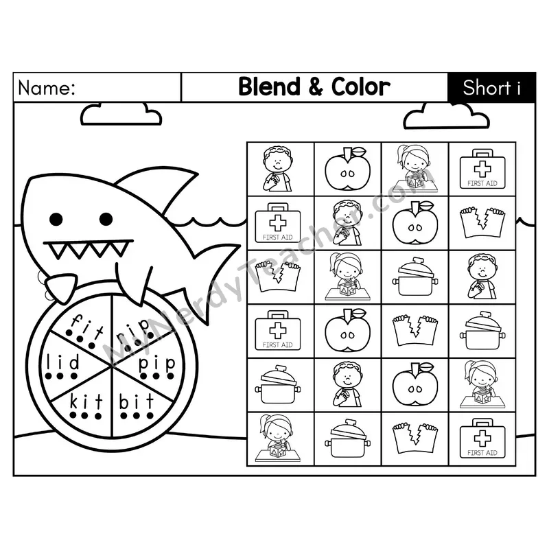 Short I CVC Blend and Color Phonics Center — Black & White