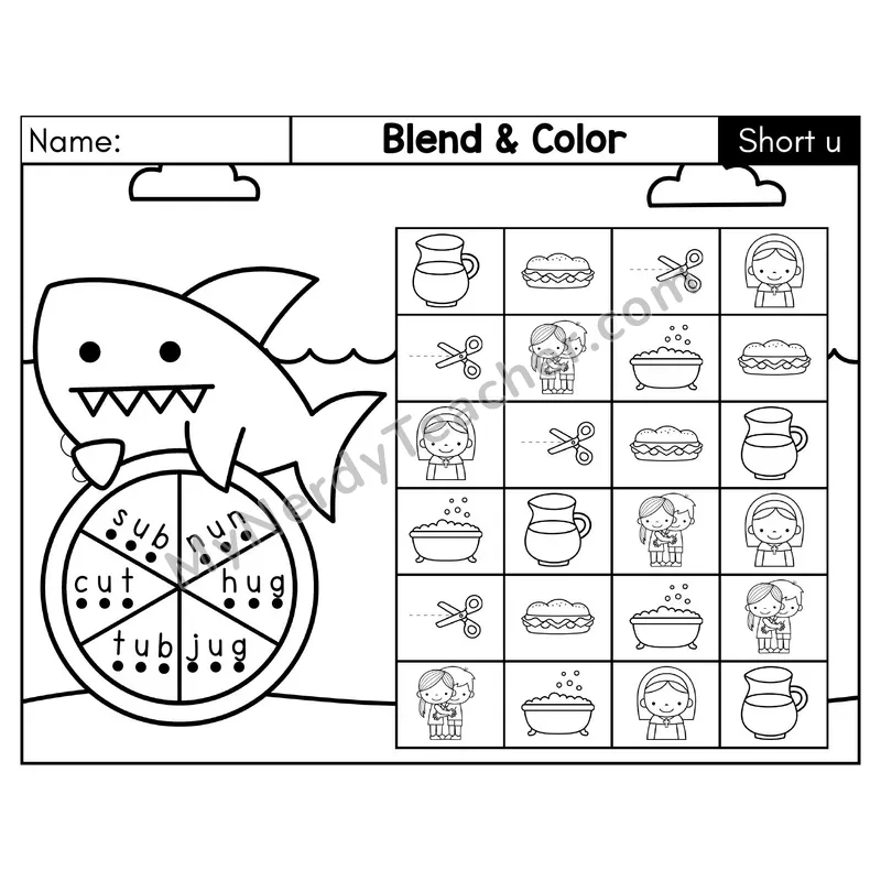 Short U CVC Blend and Color Phonics Center — Black & White