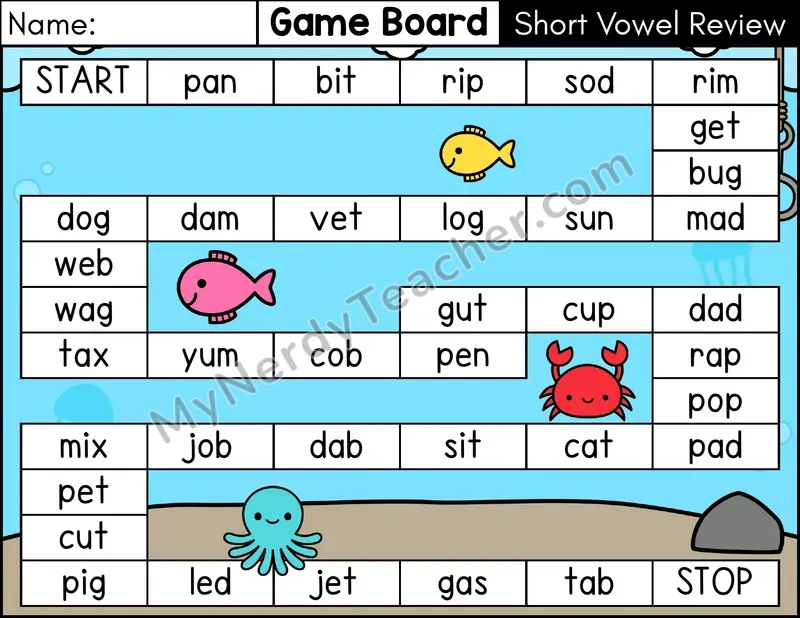 Short Vowel Review CVC Game Board Phonics Game — Color