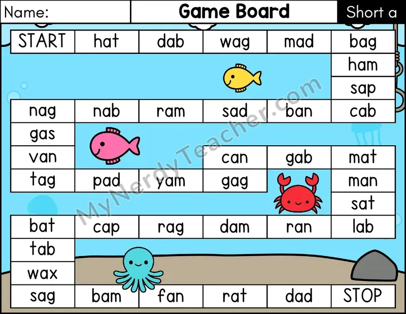 Short A CVC Game Board Phonics Game — Color