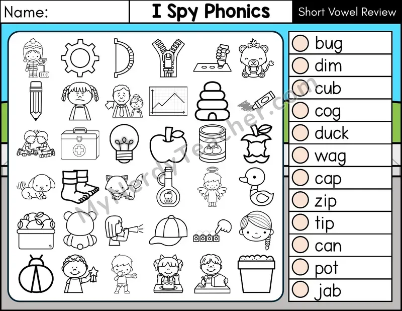 Short Vowel Review I Spy CVC Phonics Worksheet — Color