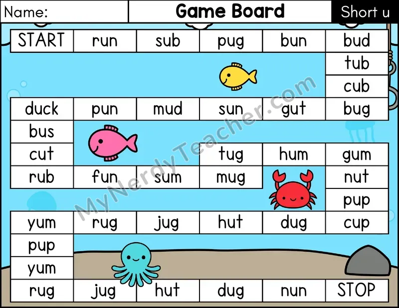 Short U CVC Game Board Phonics Game — Color