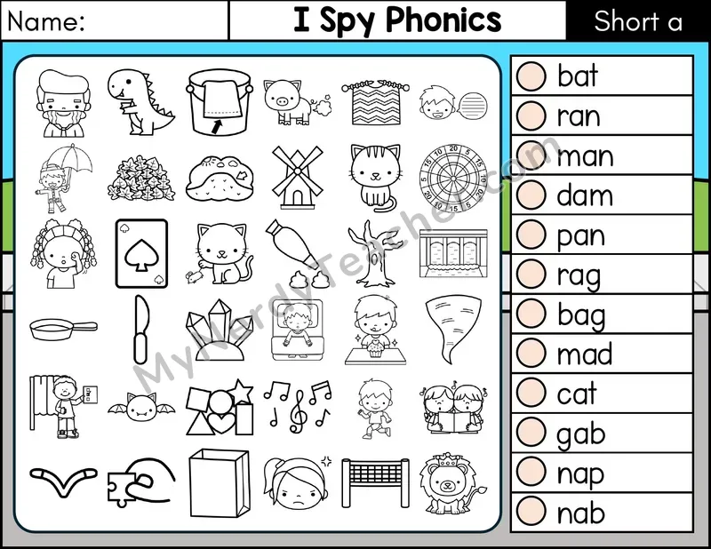 Short A I Spy CVC Phonics Worksheet — Color