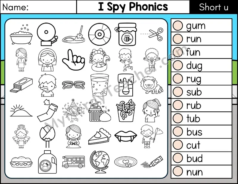 Short U I Spy CVC Phonics Worksheet — Color