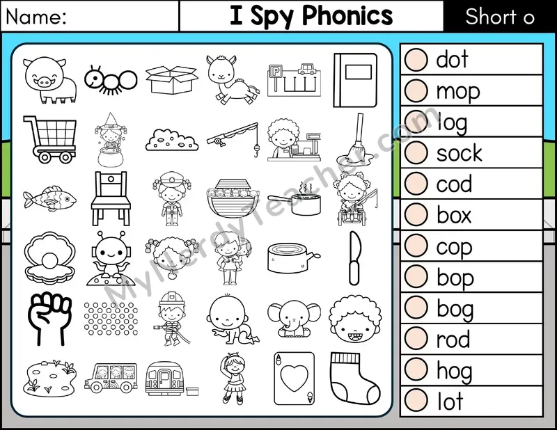 Short O I Spy CVC Phonics Worksheet — Color