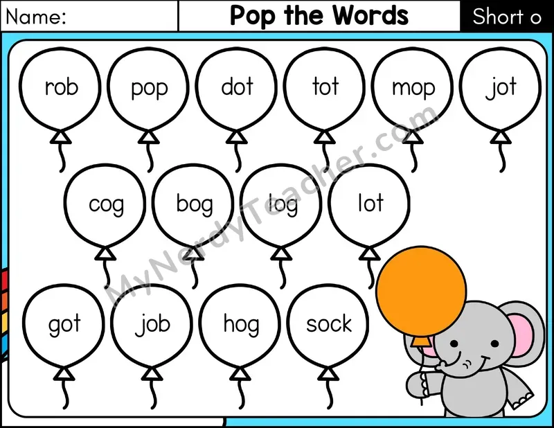 Short O CVC Pop the Words Phonics Game — Color