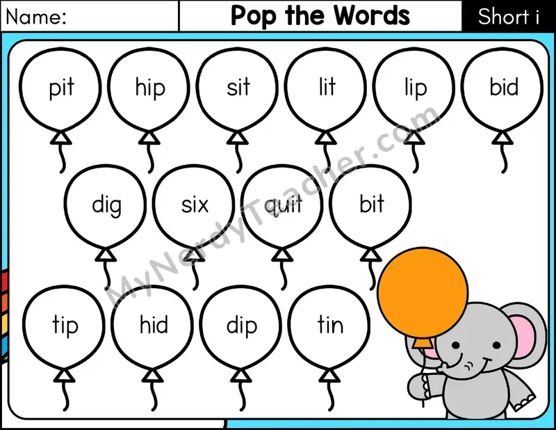 Short I CVC Pop the Words Phonics Game — Color