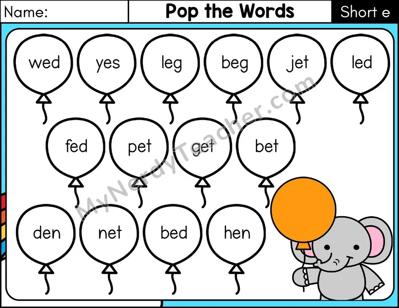 Short E CVC Pop the Words Phonics Game — Color