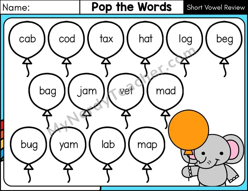 Short Vowel Review CVC Pop the Words Phonics Game — Color