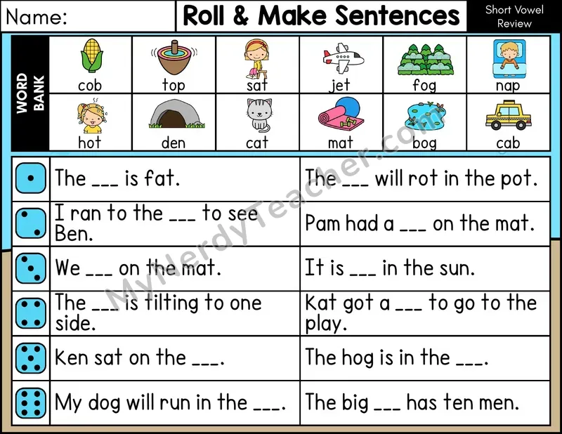 Short Vowel Review CVC Roll and Make Sentences Phonics Center — Color