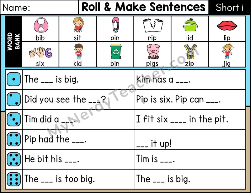 Short I CVC Roll and Make Sentences Phonics Center — Color