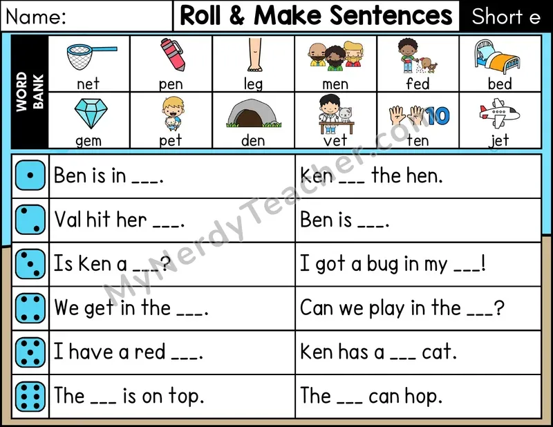 Short E CVC Roll and Make Sentences Phonics Center — Color
