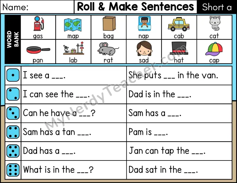 Short A CVC Roll and Make Sentences Phonics Center — Color
