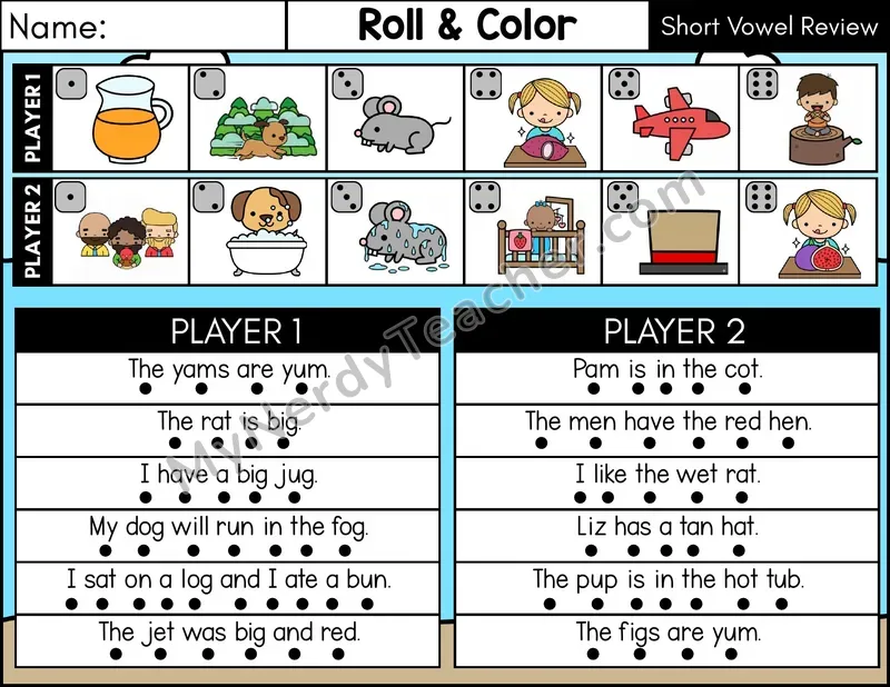 Short Vowel Review CVC Roll and Color Sentences Phonics Game — Color