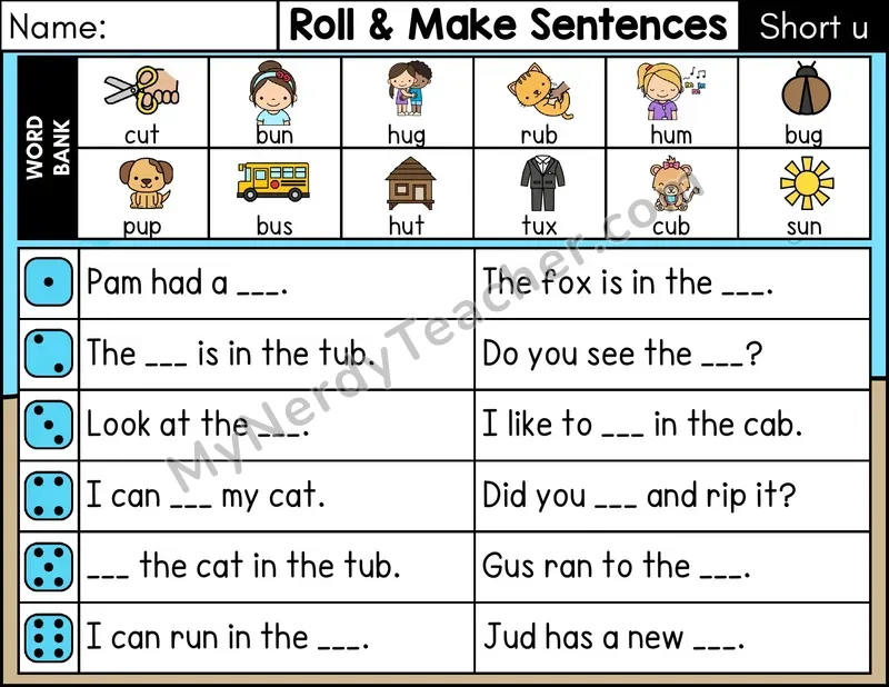 Short U CVC Roll and Make Sentences Phonics Center — Color