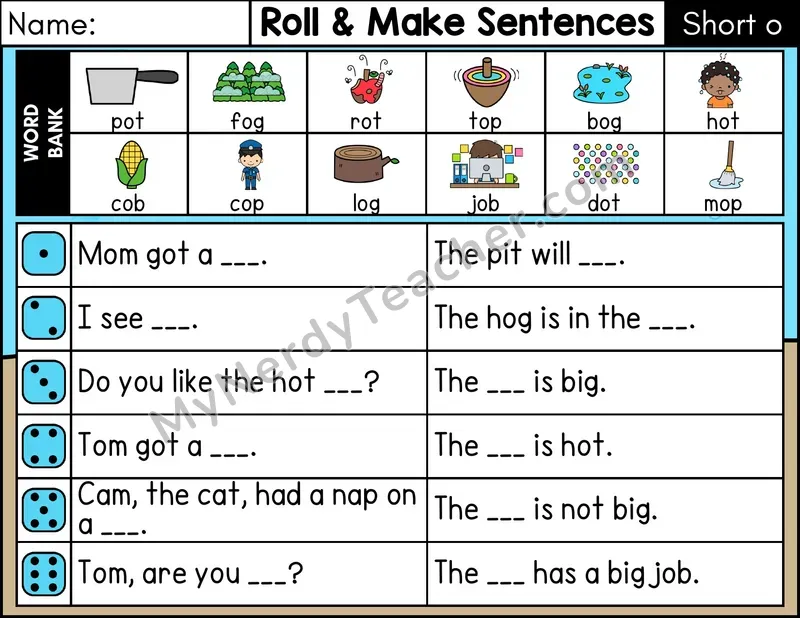 Short O CVC Roll and Make Sentences Phonics Center — Color