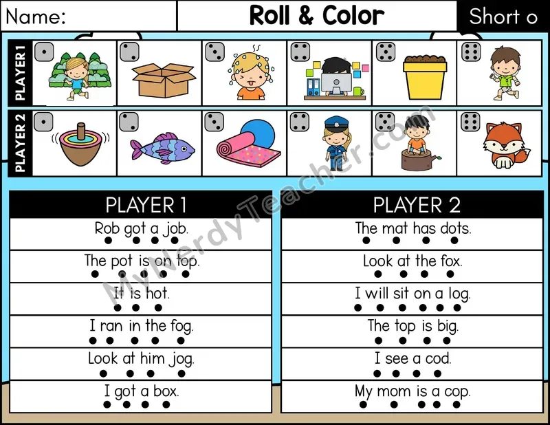 Short O CVC Roll and Color Sentences Phonics Game — Color