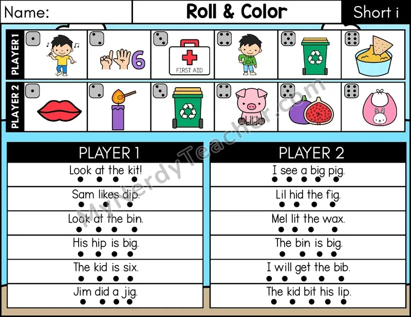 Short I CVC Roll and Color Sentences Phonics Game — Color