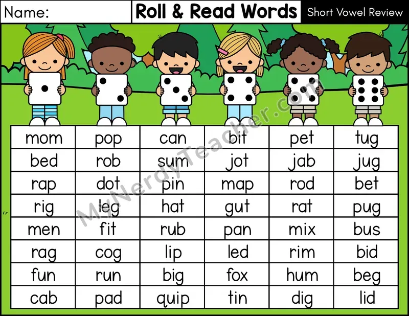 Short Vowel Review CVC Roll and Read Words Phonics Center — Color