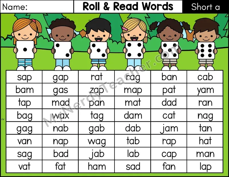 Short A CVC Roll and Read Words Phonics Center — Color