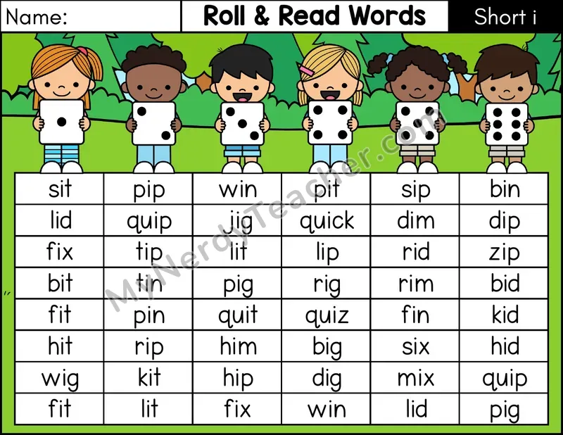 Short I CVC Roll and Read Words Phonics Center — Color