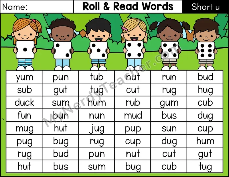 Short U CVC Roll and Read Words Phonics Center — Color
