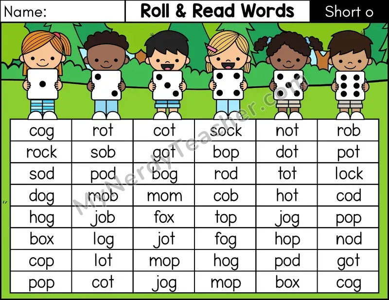 Short O CVC Roll and Read Words Phonics Center — Color