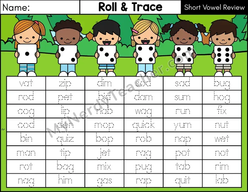 Short Vowel Review CVC Roll and Trace Phonics Center — Color