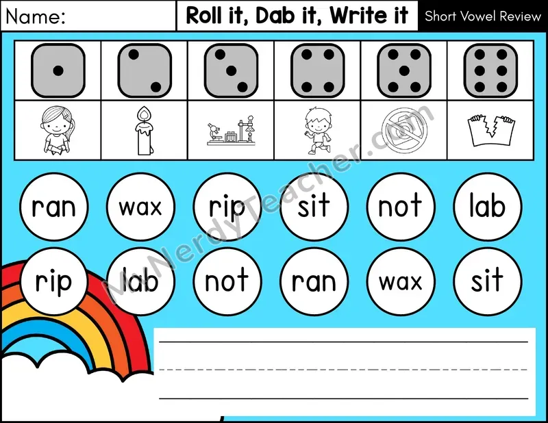 Short Vowel Review CVC Roll it, Dab it, Write it Phonics Center — Color