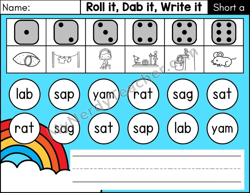 Short A CVC Roll it, Dab it, Write it Phonics Center — Color
