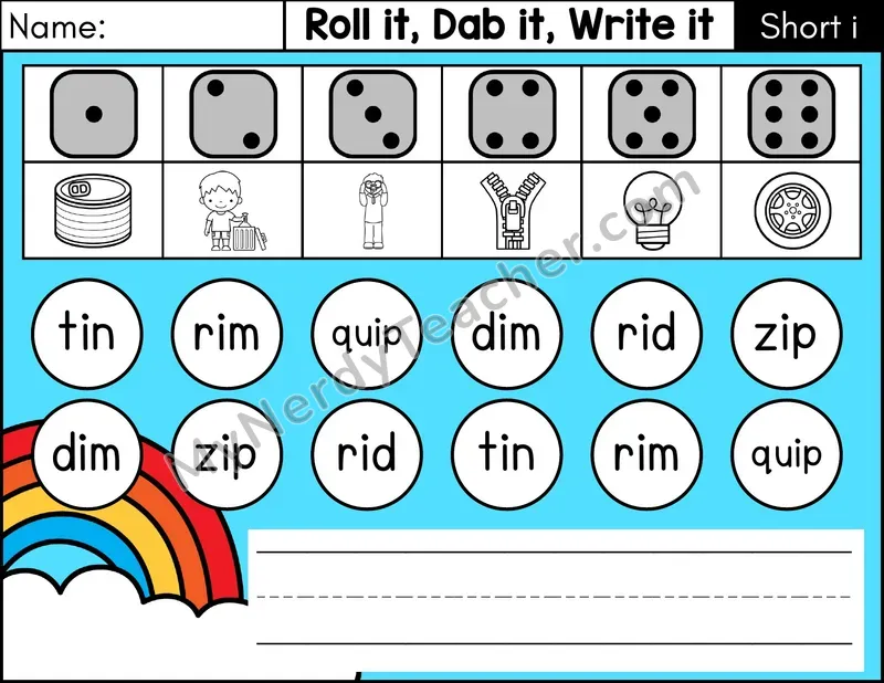 Short I CVC Roll it, Dab it, Write it Phonics Center — Color