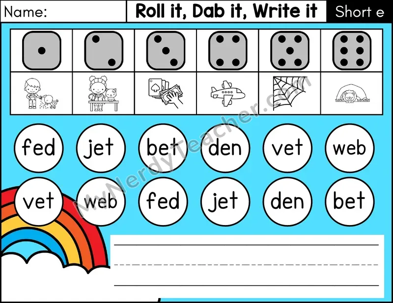 Short E CVC Roll it, Dab it, Write it Phonics Center — Color