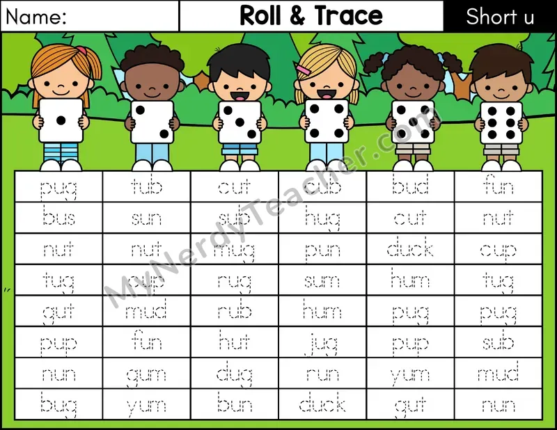 Short U CVC Roll and Trace Phonics Center — Color