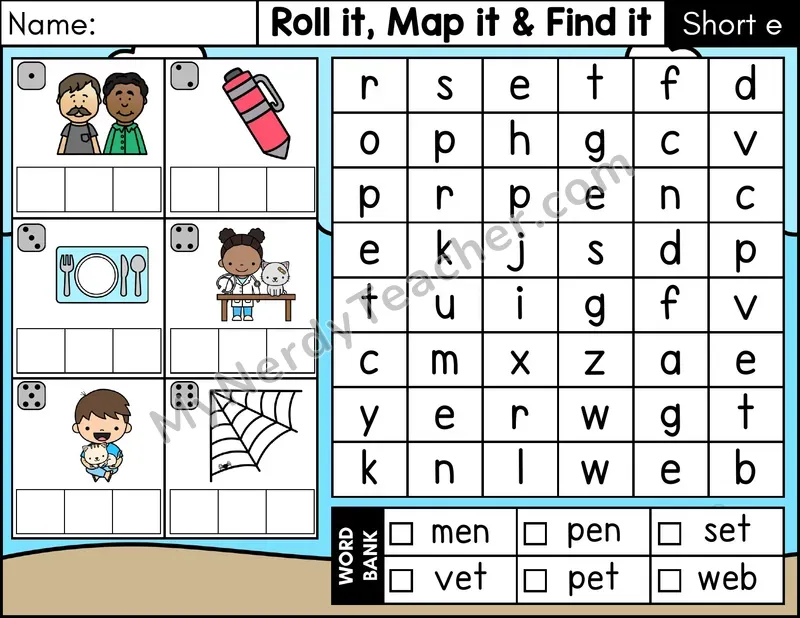Short E CVC Roll it, Map it, and Find it Word Search — Color