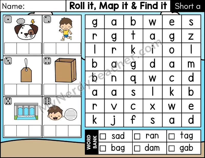 Short A CVC Roll it, Map it, and Find it Word Search — Color