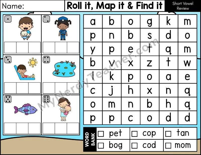 Short Vowel Review CVC Roll it, Map it, and Find it Word Search — Color