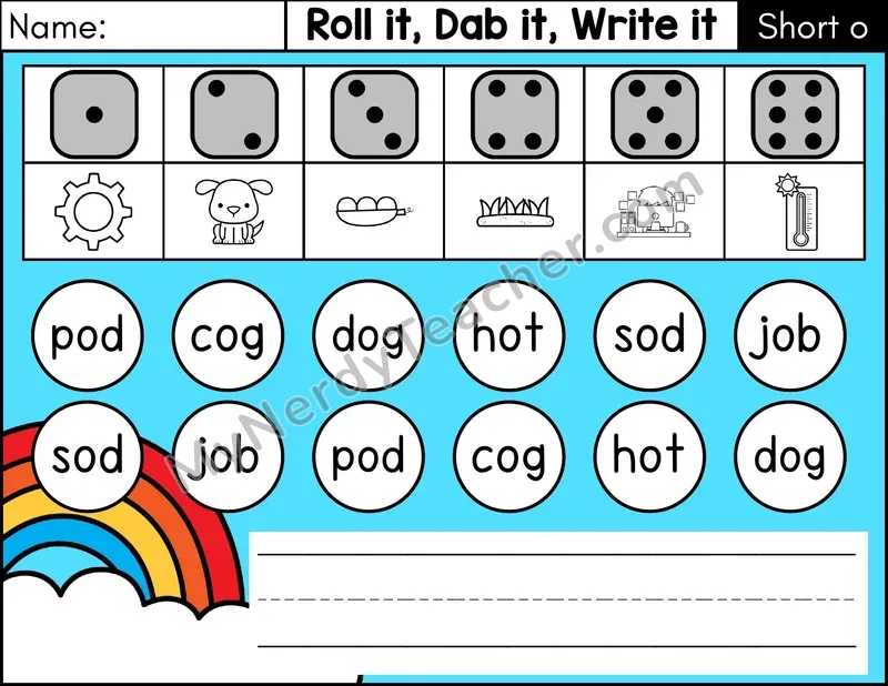 Short O CVC Roll it, Dab it, Write it Phonics Center — Color