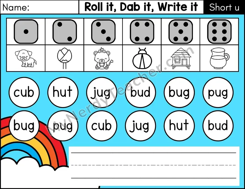Short U CVC Roll it, Dab it, Write it Phonics Center — Color