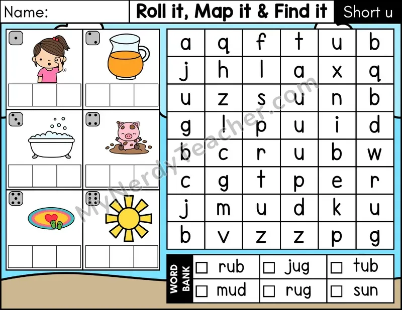 Short U CVC Roll it, Map it, and Find it Word Search — Color