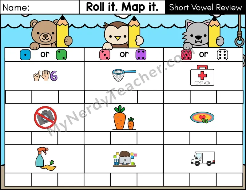 Short Vowel Review CVC Roll it, Map it Phonics Worksheet — Color