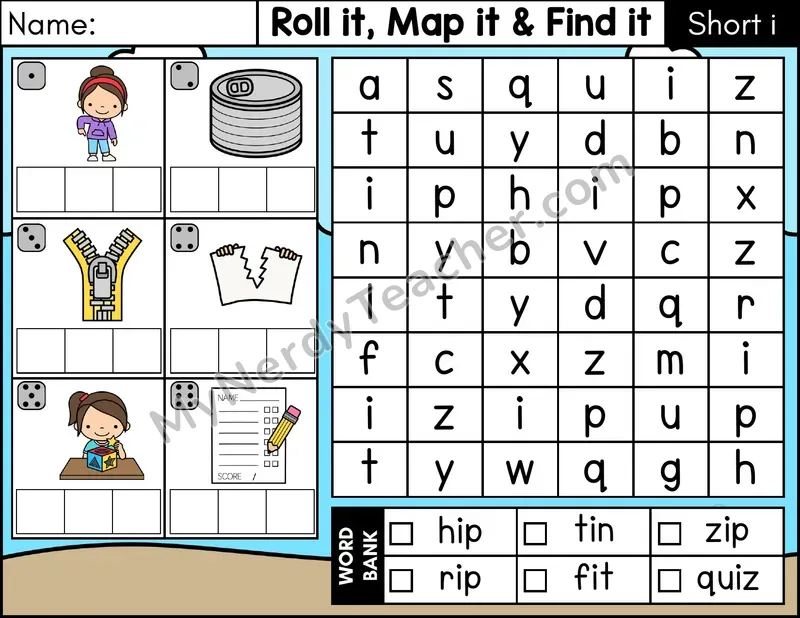 Short I CVC Roll it, Map it, and Find it Word Search — Color