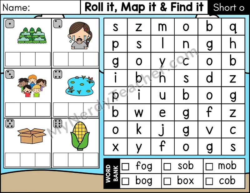 Short O CVC Roll it, Map it, and Find it Word Search — Color