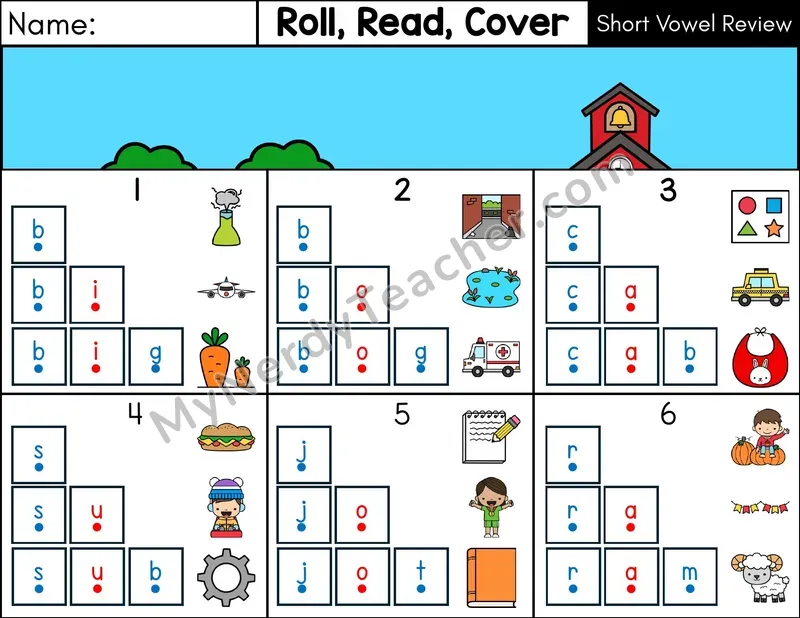 Short Vowel Review CVC Roll, Read, and Cover Word Pyramids — Color