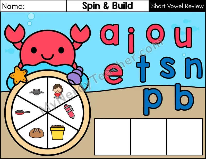 Short Vowel Review CVC Spin and Build Phonics Center — Color