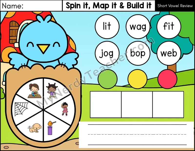 Short Vowel Review CVC Spin it, Map it, and Build it Phonics Center 2 — Color
