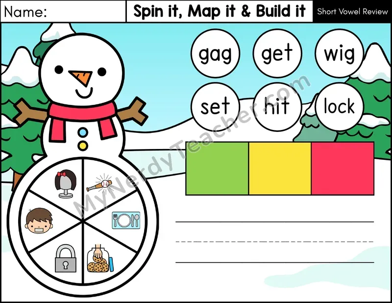 Short Vowel Review CVC Spin it, Map it, and Build it Phonics Center — Color