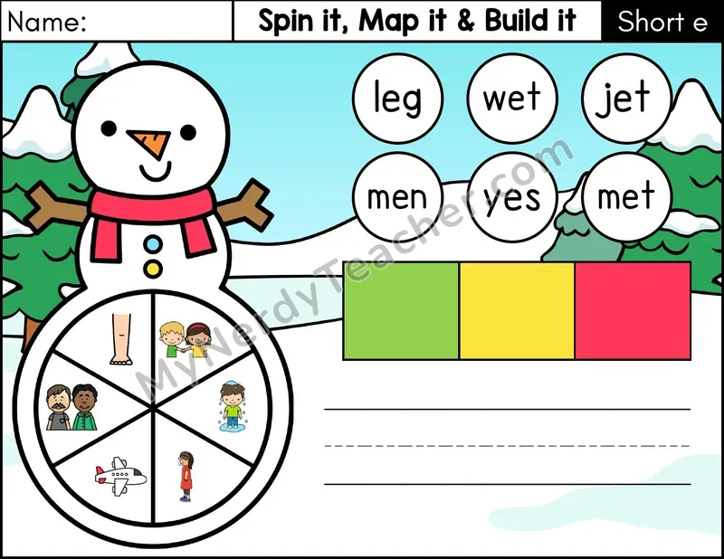 Short E CVC Spin it, Map it, and Build it Phonics Center — Color